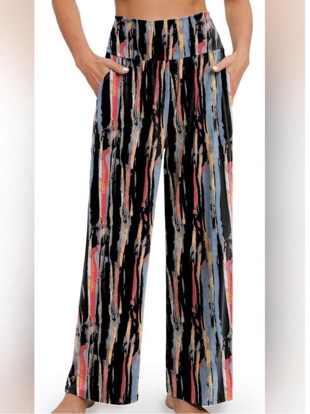 High-Rise Wide-Leg Pants in Black Multi Brushstroke